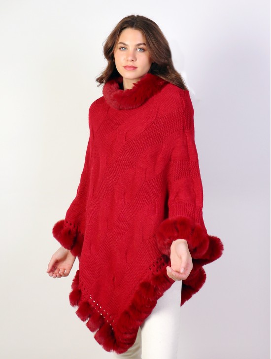 Solid Color Knitted Poncho W/ Fur Collar & Trim